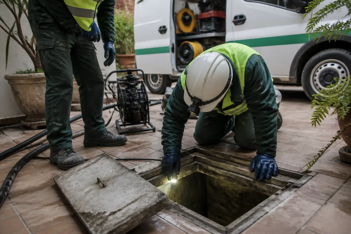 Técnico con casco y linterna frontal revisa el interior de una arqueta abierta en un patio
