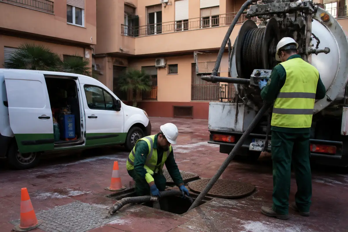 Técnicos trabajan en una arqueta comunitaria en el patio interior de un edificio de pisos