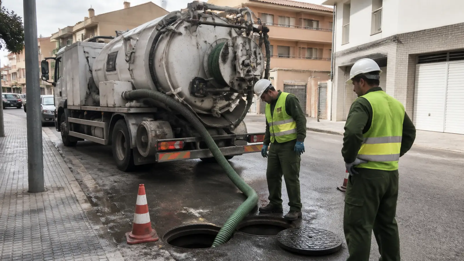 Dos técnicos con EPI supervisan un camión cuba conectado a una arqueta en una calle residencial de Valencia